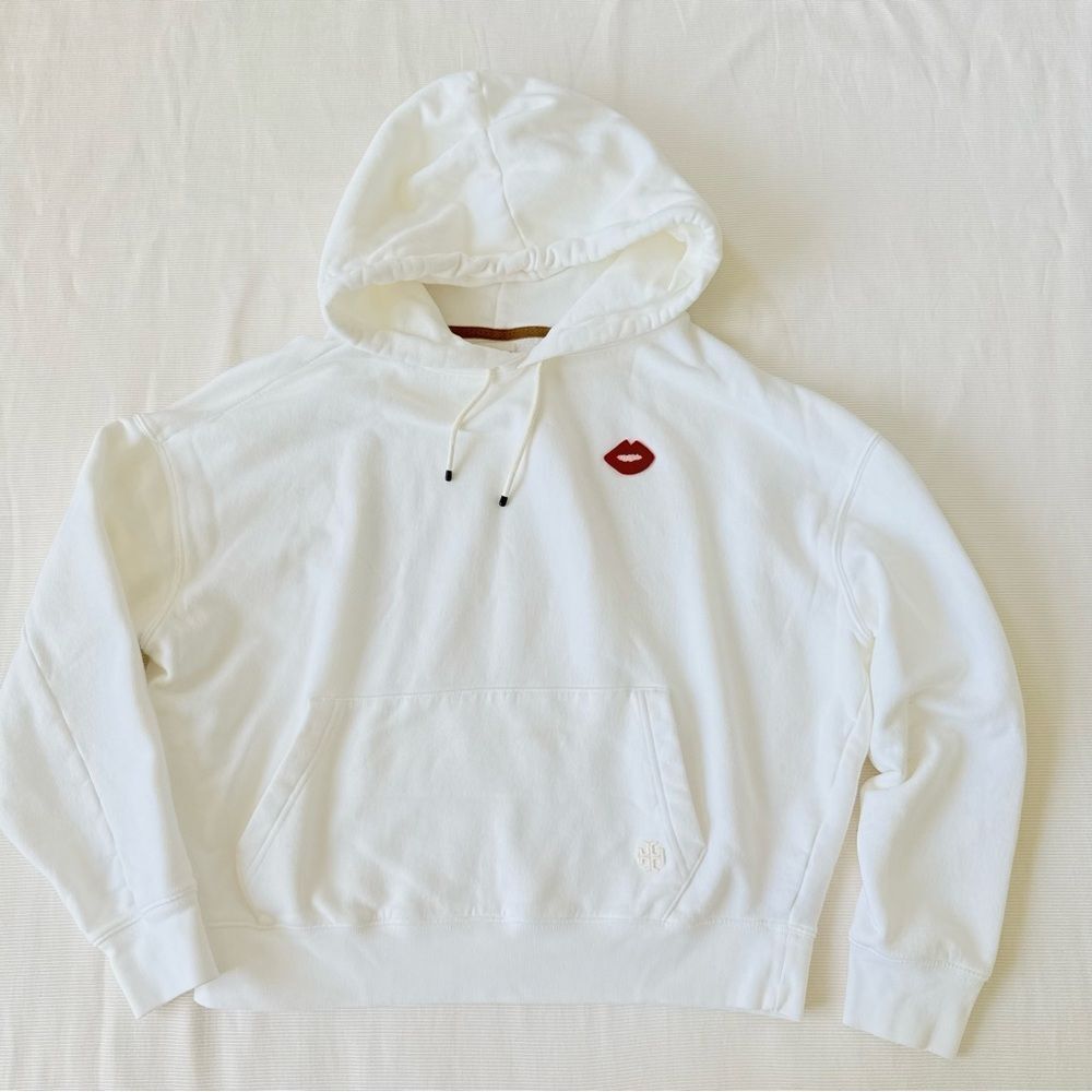 Tory Burch Sport Womens Hoodie Sweatshirt White Longsleeve Lips Casual Cotton XS